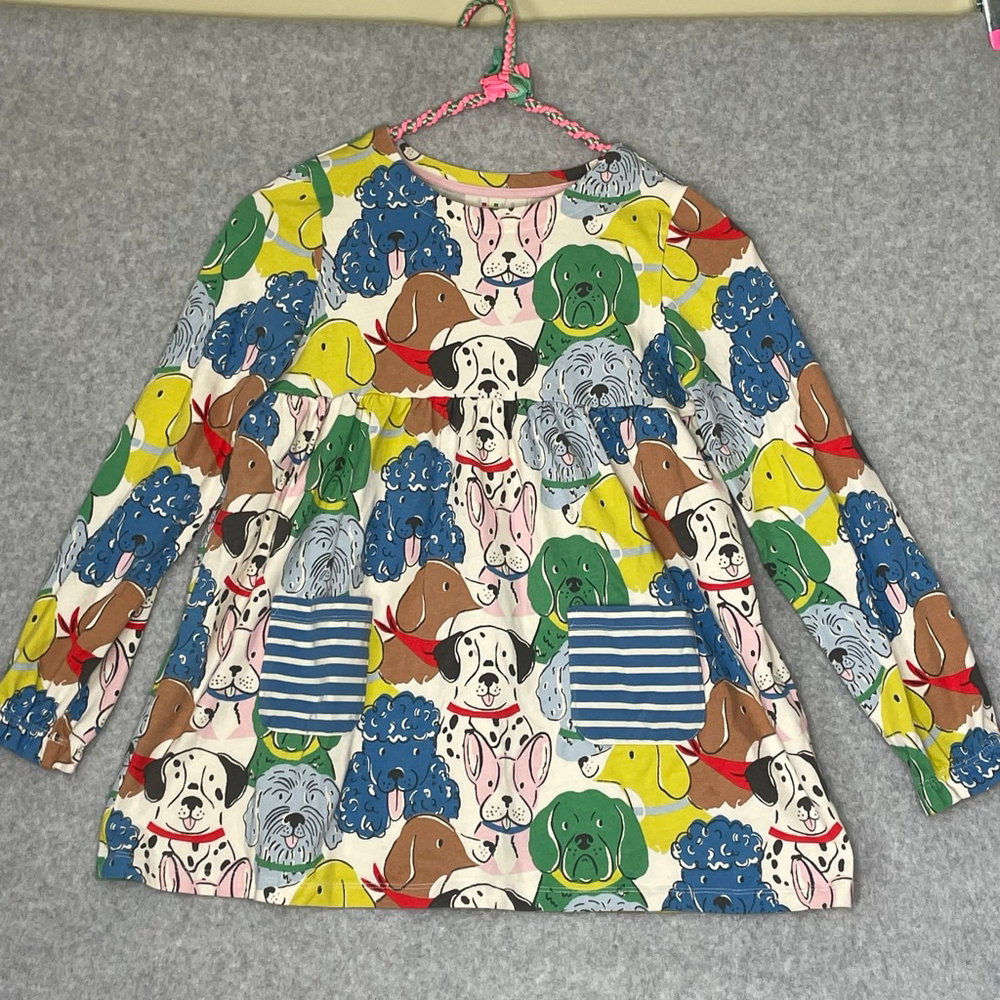 Mini Boden Girls 9-10Y Dog Print Tunic Top Long Sleeve Striped Pockets #03